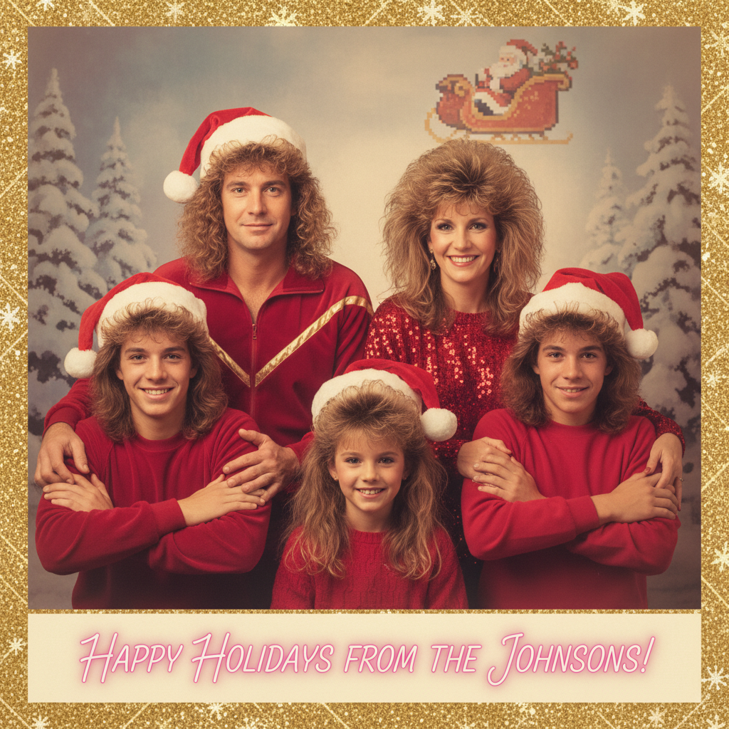 Retro 80s hair + Santa hats = peak awkward holiday card energy.