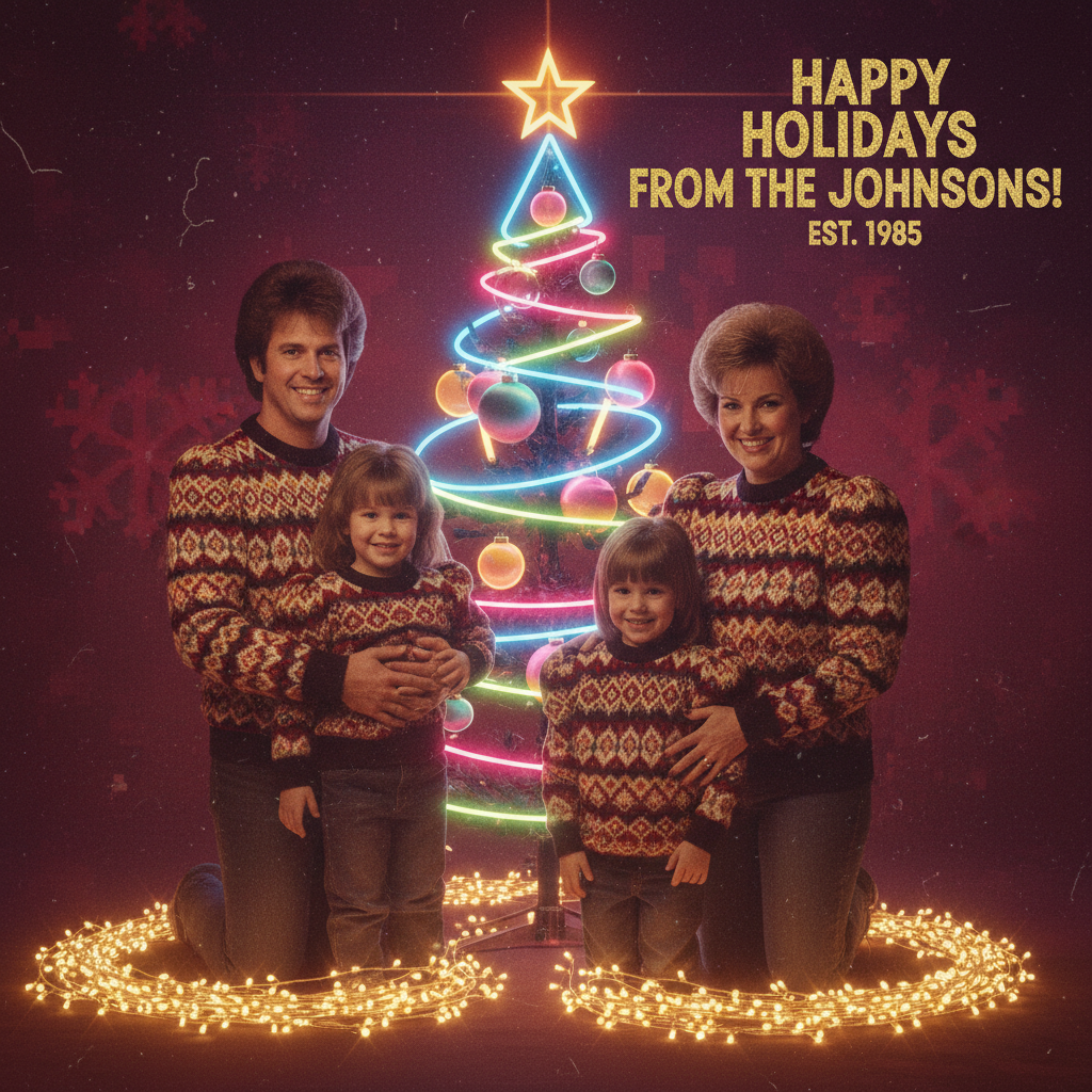 Retro studio set with a neon-lit Christmas tree and soft focus glow.