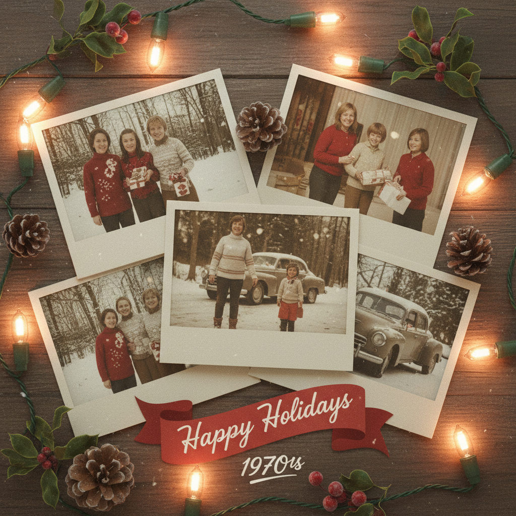 A retro holiday card designed as a polaroid photo collage.