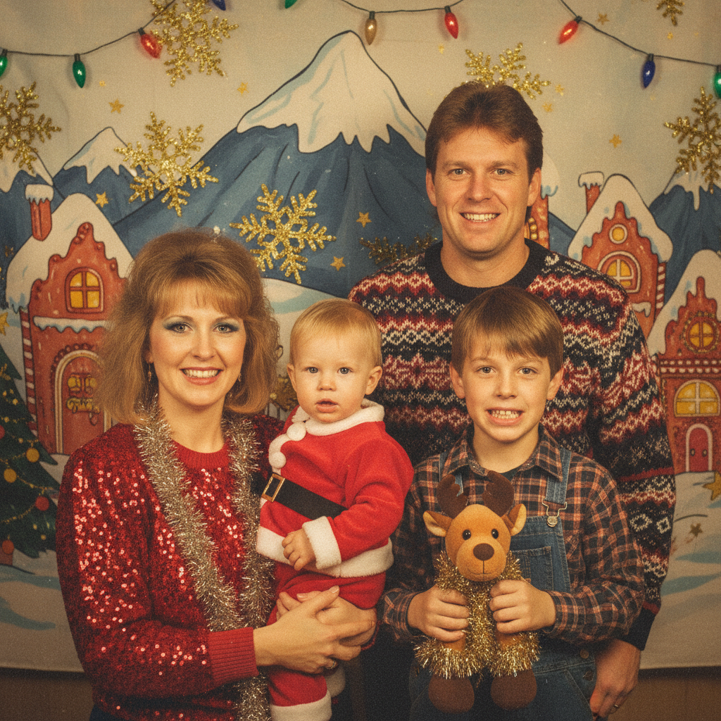 A funny 80s school-photo-day style Christmas portrait.