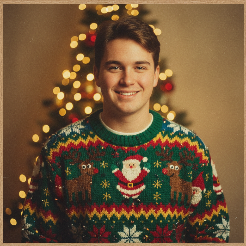 Retro ugly sweater portrait with 80s holiday card vibes.