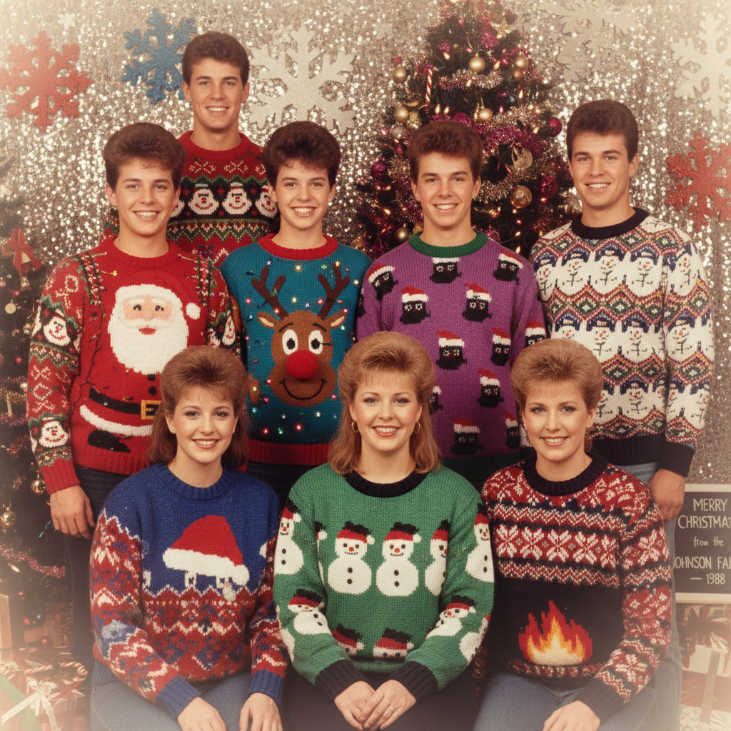 A retro group portrait featuring maximum ugly sweater chaos.
