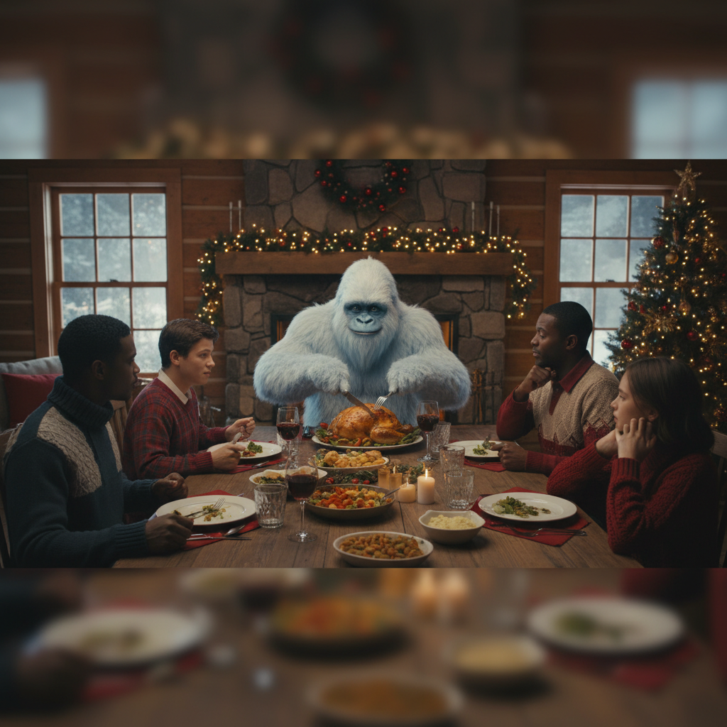 A weird, viral Christmas dinner scene with a friendly yeti.