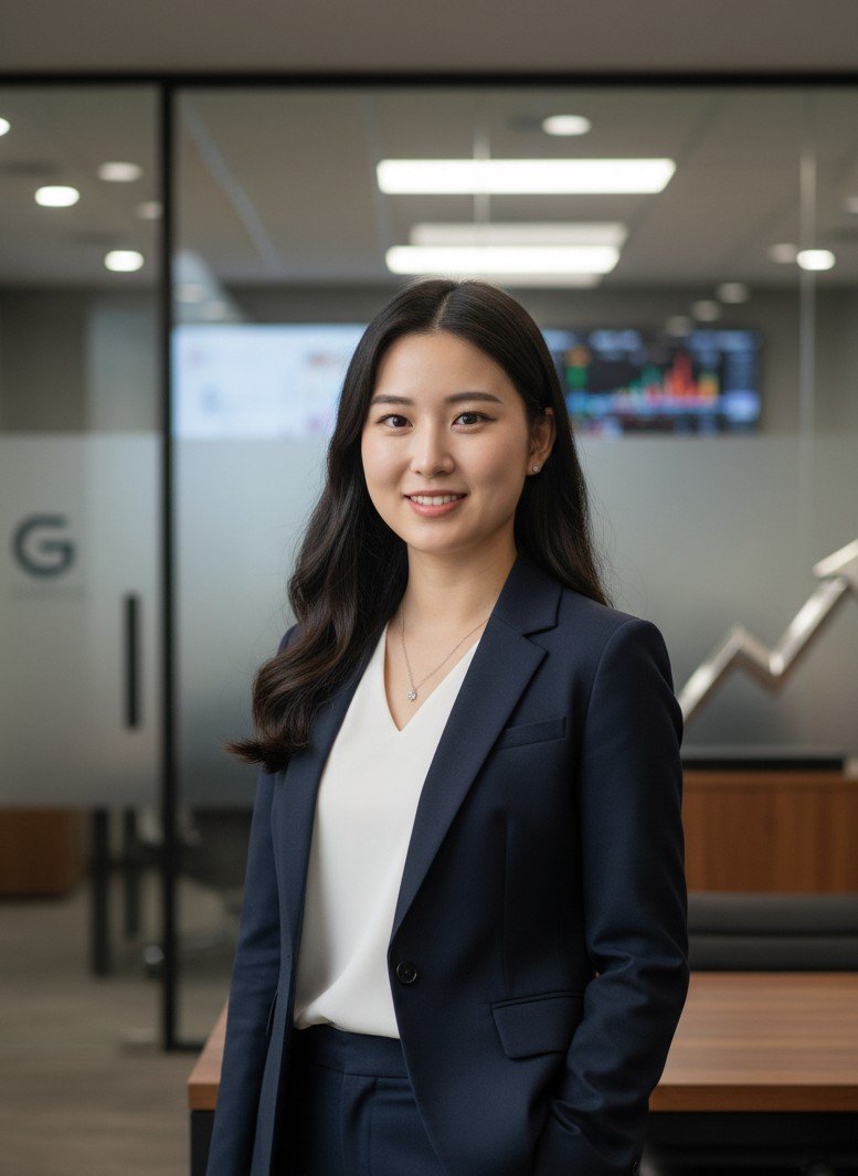 銀行または金融オフィスの環境でのプロフェッショナルなポートレートで、ファイナンシャルアドバイザーやマネーコーチに最適です。