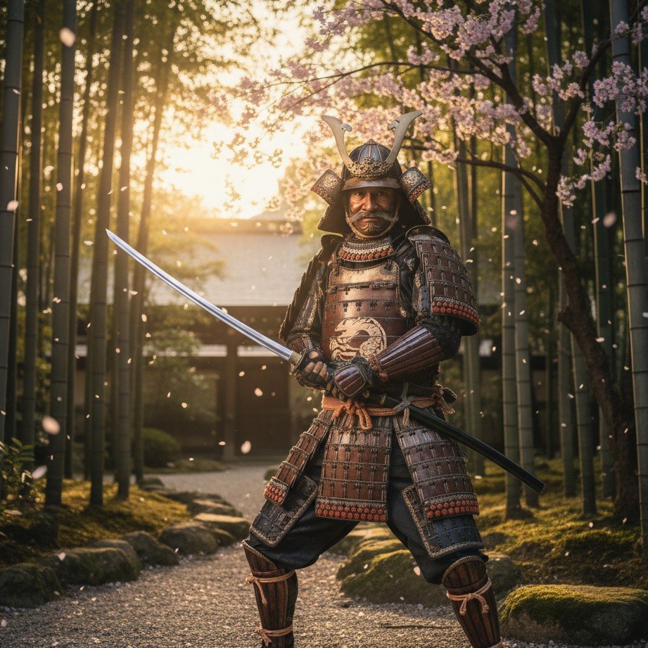 花瓣纷飞中的武士肖像