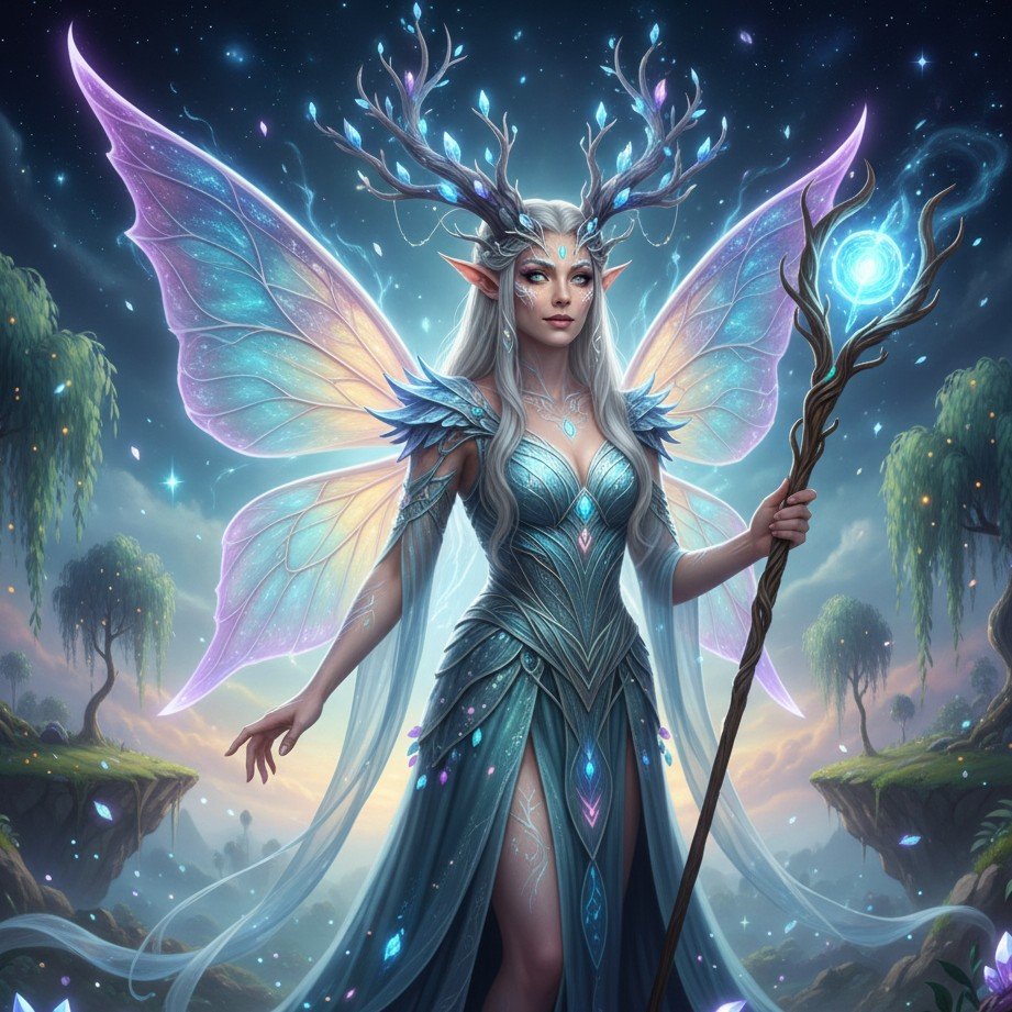 神秘的なクリーチャー要素と空気のような雰囲気を持った魔法のファンタジーキャラクターポートレート。