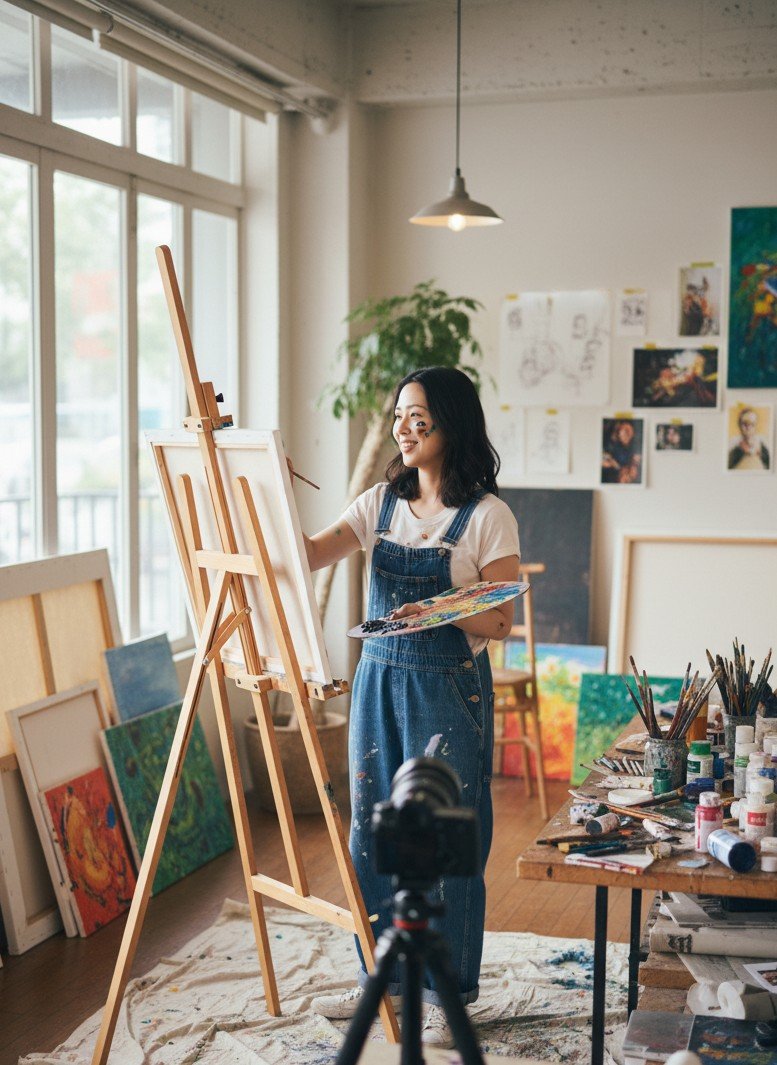 アーティストとクリエイティブコンテンツクリエイターが、クリエイティブな作品や道具を背景にアートスタジオで撮影されたポートレート。