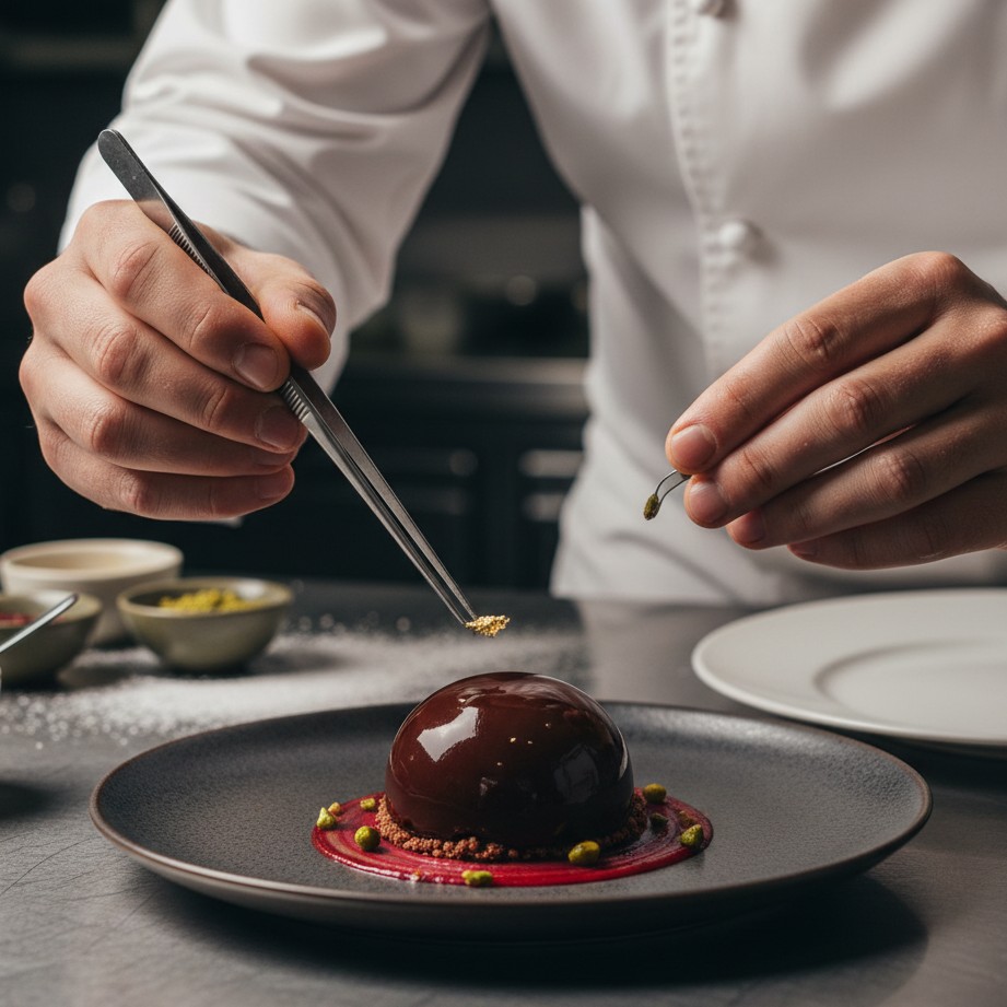 シェフ向け: Chef applying final garnish on plated dessert with precision and editorial style.