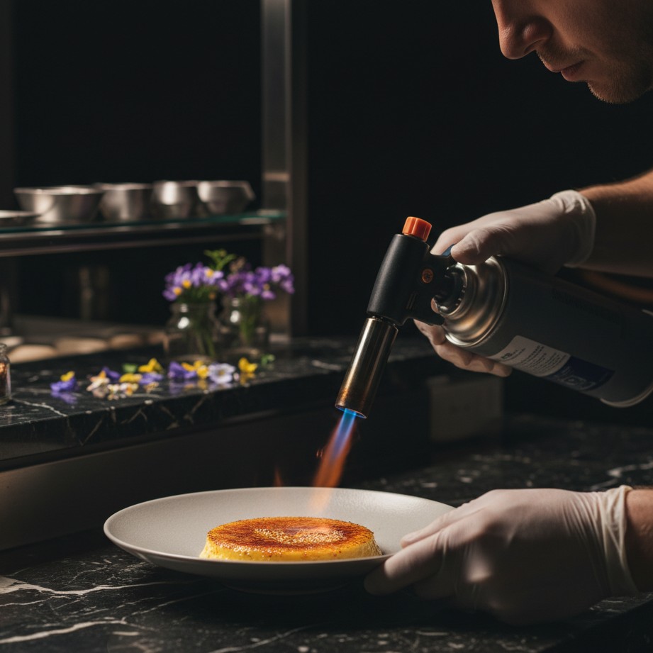 シェフ向け: Pastry chef caramelizing the top of a plated dessert with a kitchen torch.