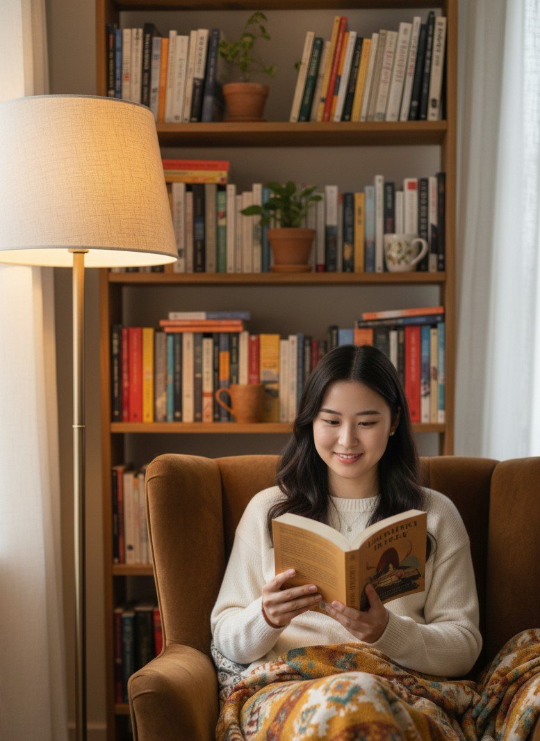 温かく魅力的な雰囲気の中にある、居心地の良い読書スペースにいる書籍ブロガーおよび読書インフルエンサーのポートレート。