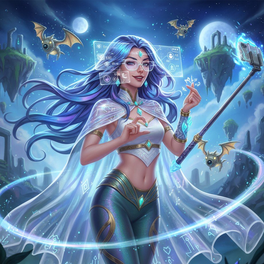 ゲームおよびファンタジーコンテンツクリエーター向けの神秘的要素を持つ魔法のファンタジースタイルのインフルエンサーキャラクター。
