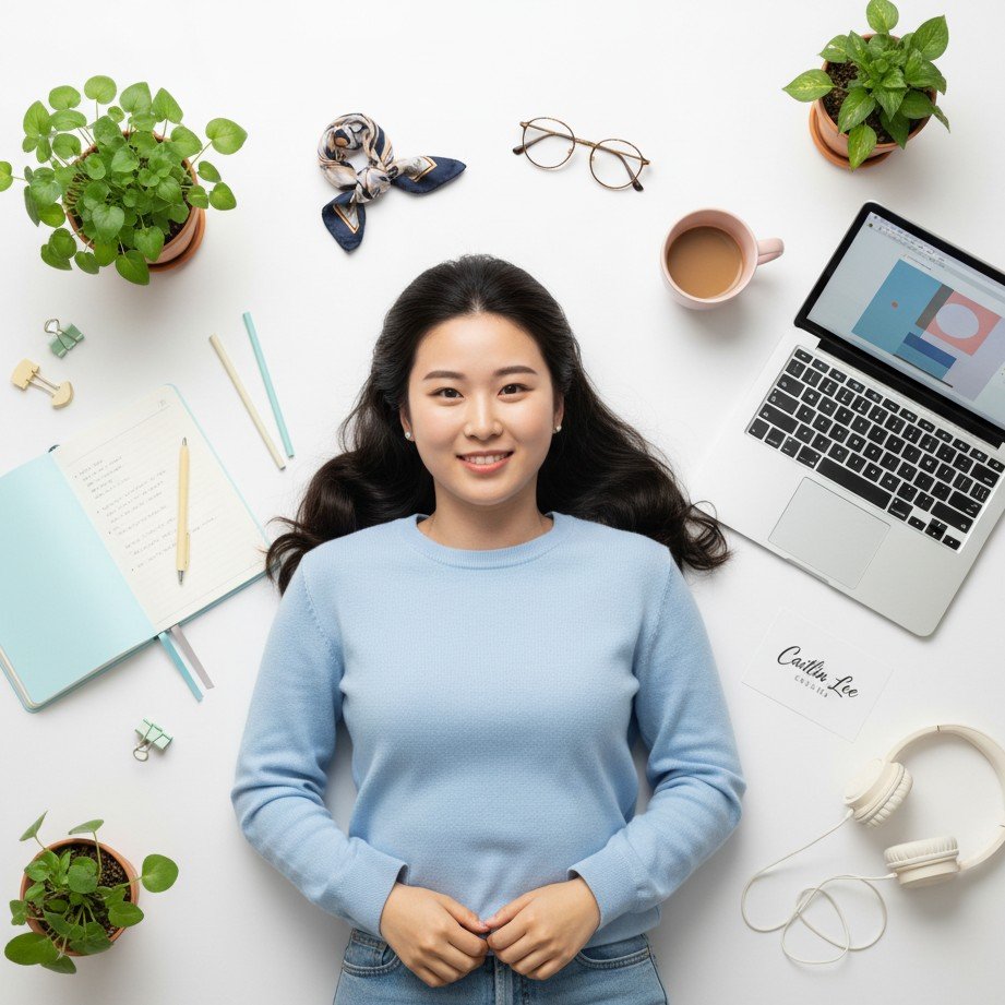 整然とした小道具とクリーンな美学を備えた、Instagramクリエイターにぴったりなプロフェッショナルなフラットレイスタイルのポートレート。