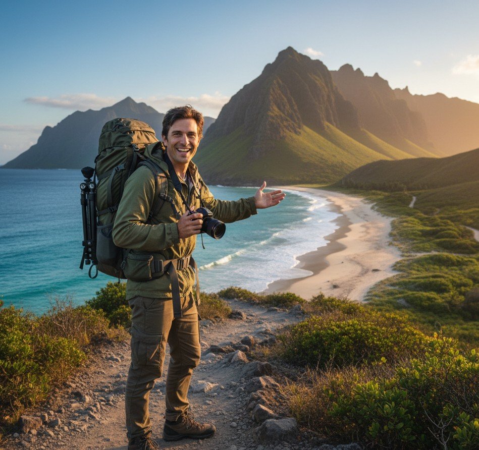 風景の美しい目的地背景を持ち、探検家の精神を感じさせる冒険的な旅行フロガーのポートレート。