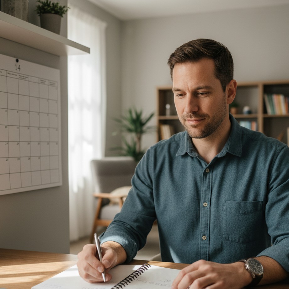 co-parenting divorce photoshoot idea with planning desk, calendar, and practical routine