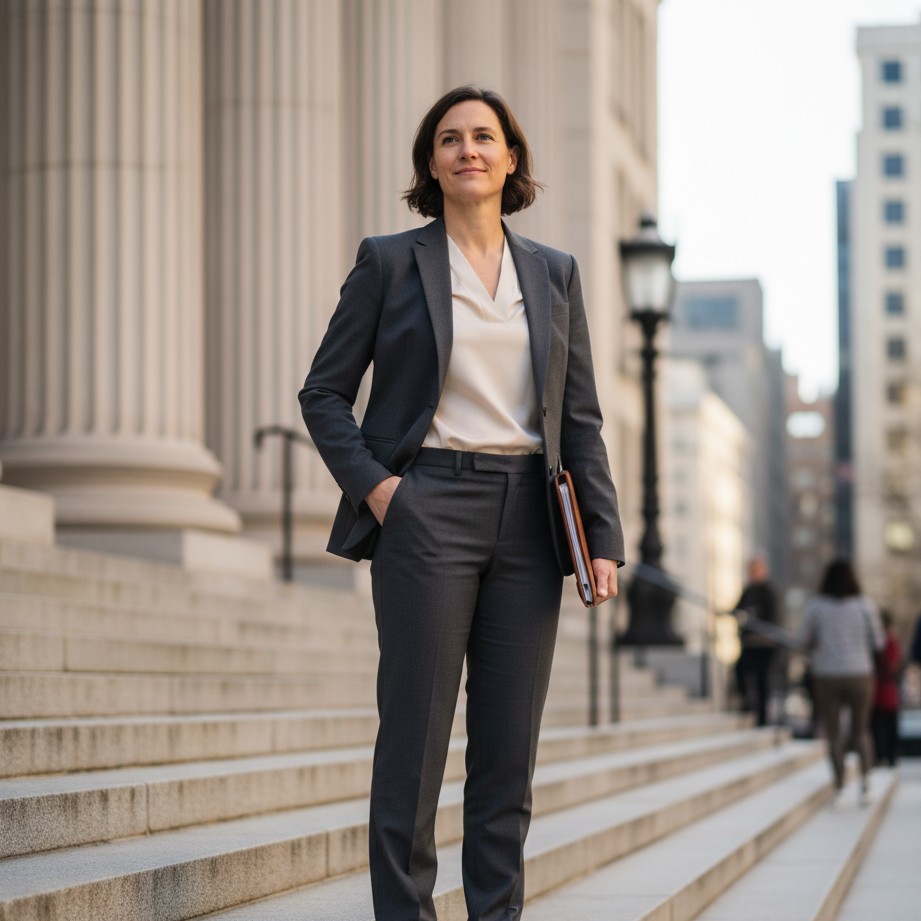 divorce photoshoot idea on courthouse steps with calm and confident posture