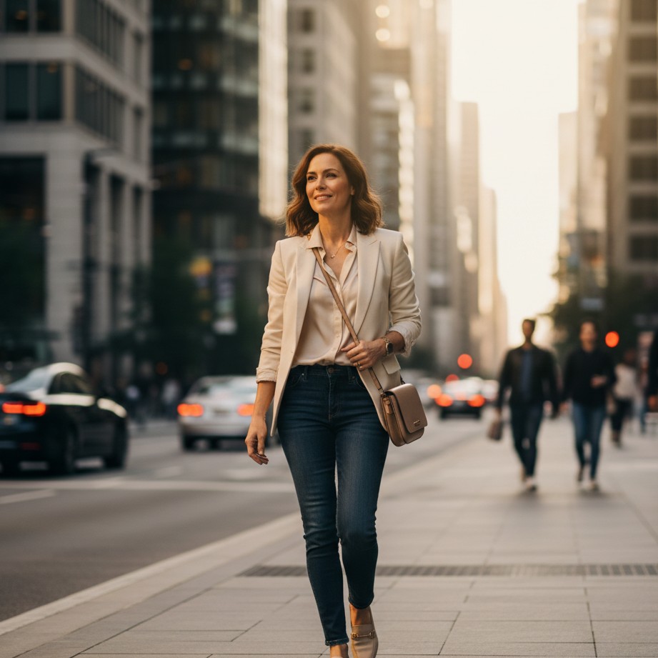 fresh start divorce photoshoot idea with confident city walking portrait