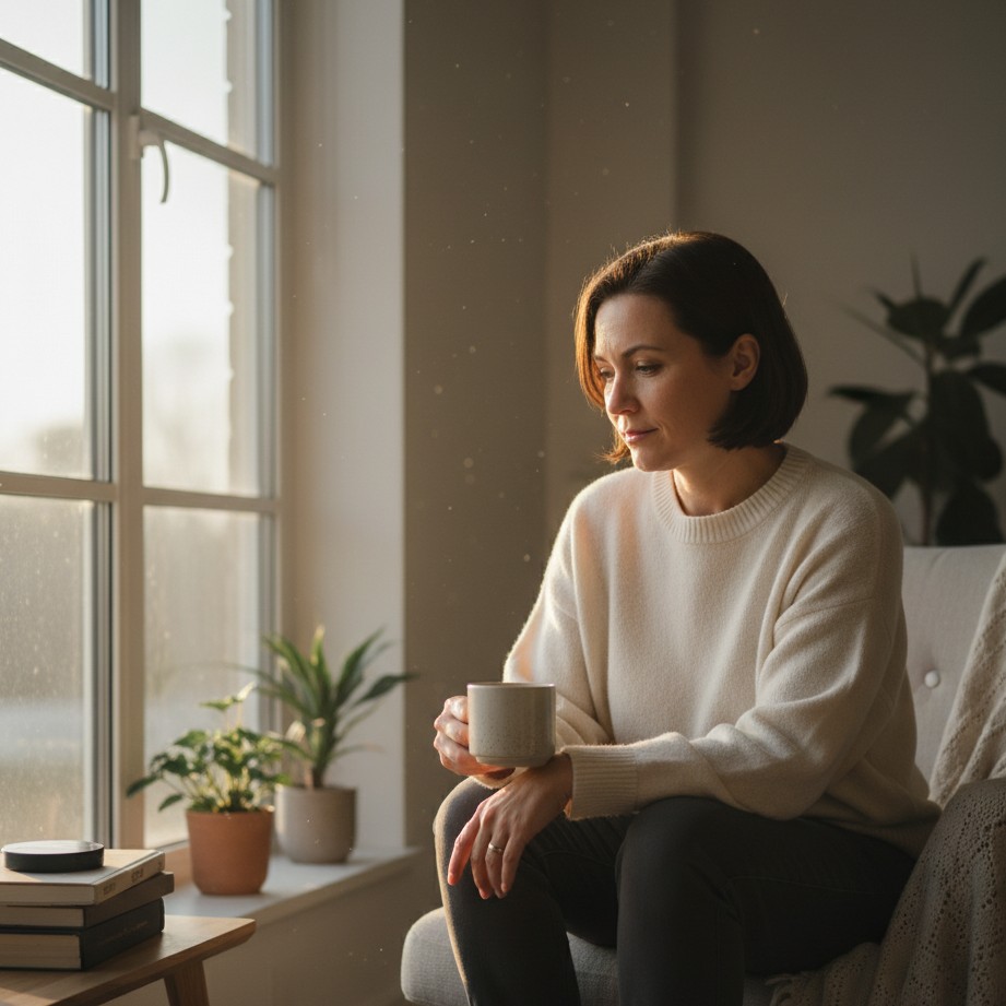 healing-focused divorce photoshoot idea with soft window light and reflective mood