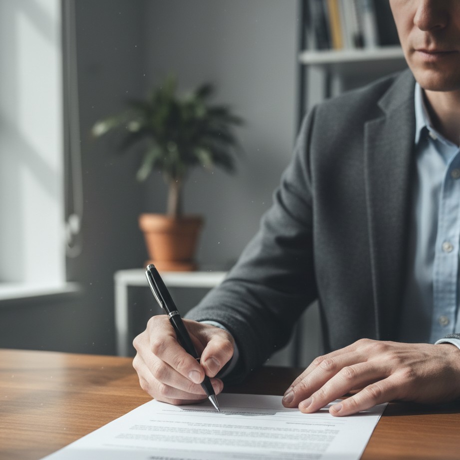 divorce photo idea focused on signing legal paperwork in a calm documentary style