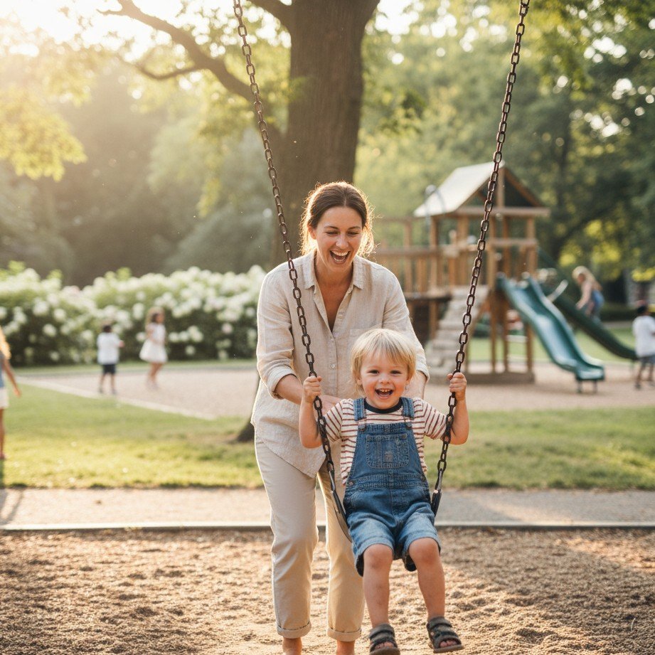 single parent divorce photoshoot idea with warm child interaction in a park