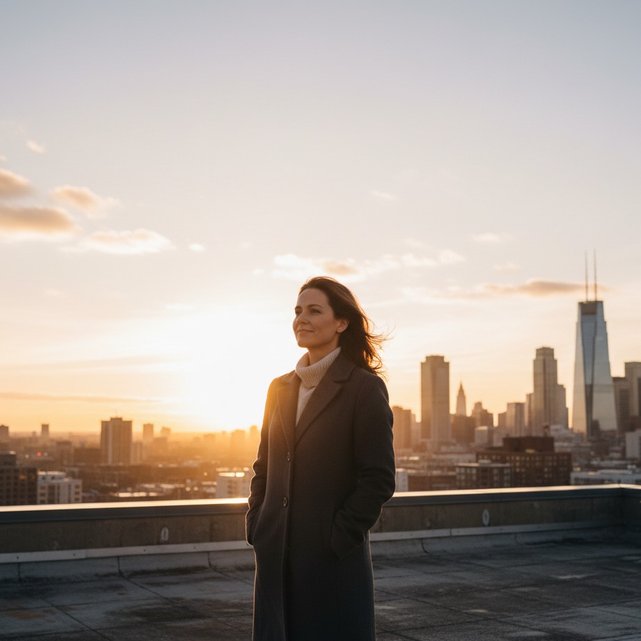 sunrise rooftop divorce photoshoot idea symbolizing hope and a new chapter