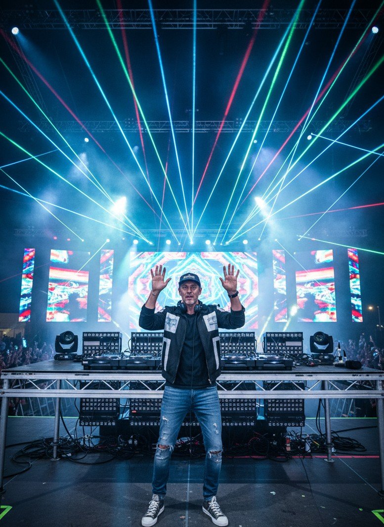 Transforme-se em um DJ de EDM se apresentando em um festival de música eletrônica de alta energia.