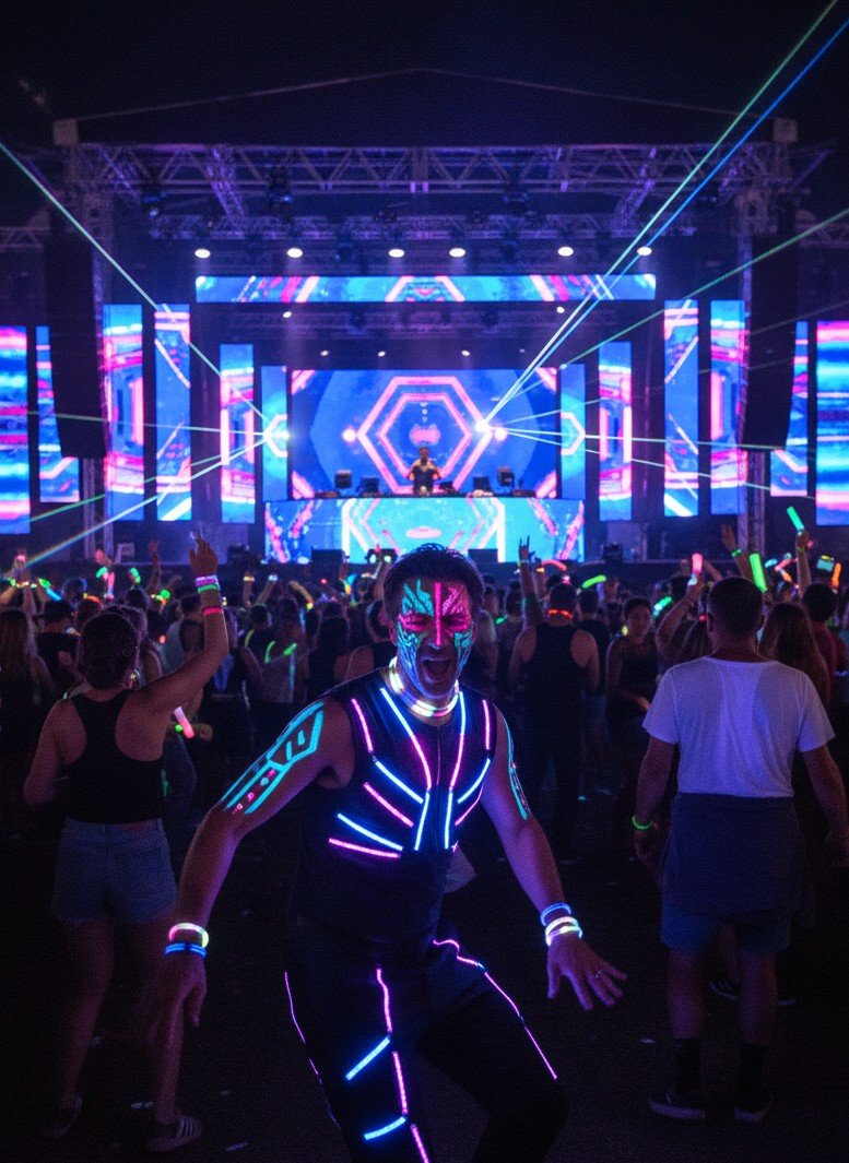 Transforme-se em um dançarino enérgico em um festival de música eletrônica.