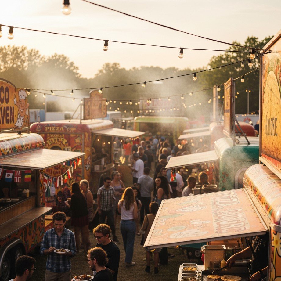 Uma vibrante fila de food trucks e barracas de vendedores servindo uma culinária diversificada em um movimentado festival de música.