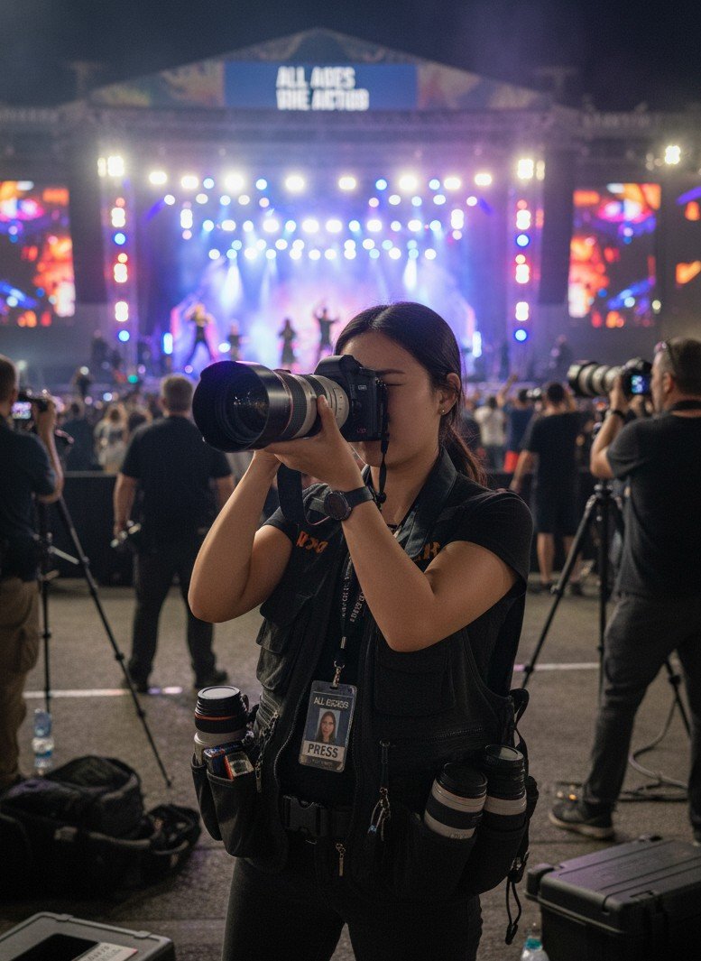 Retrato de criador no backstage do festival em estilo documental