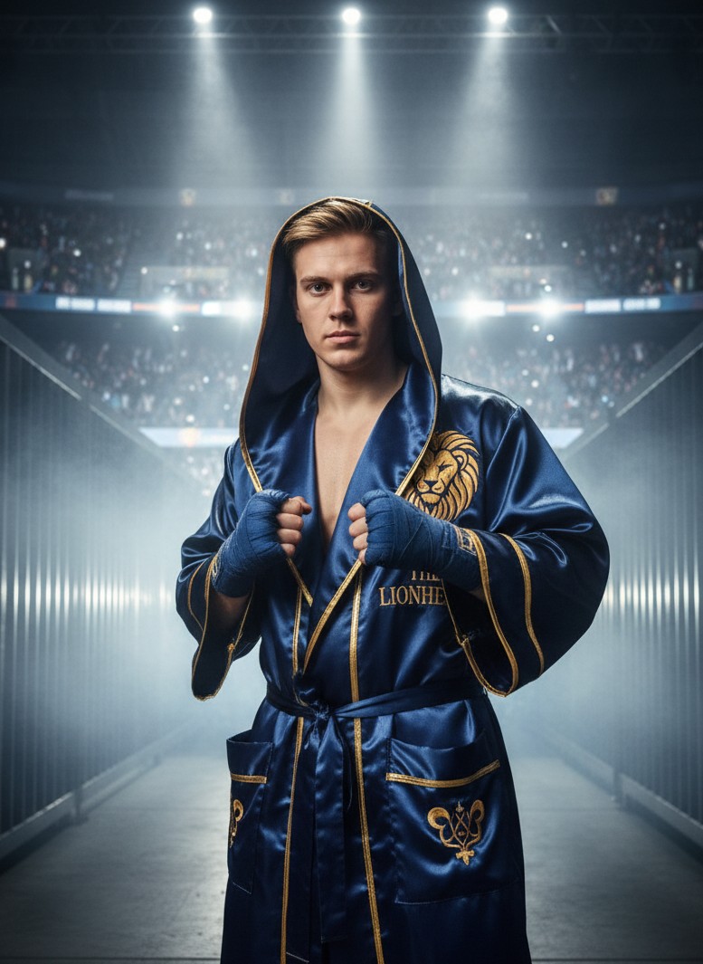 Boxer walkout portrait with robe and arena entrance mood