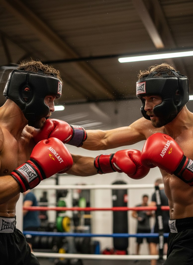 Two boxer sparring session in training environment