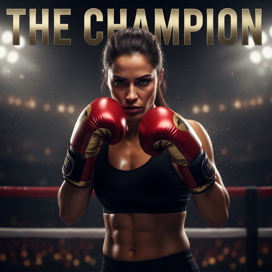 Female champion boxer stance portrait with confident attitude
