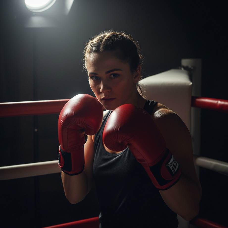 Female boxer portrait with dramatic corner lighting