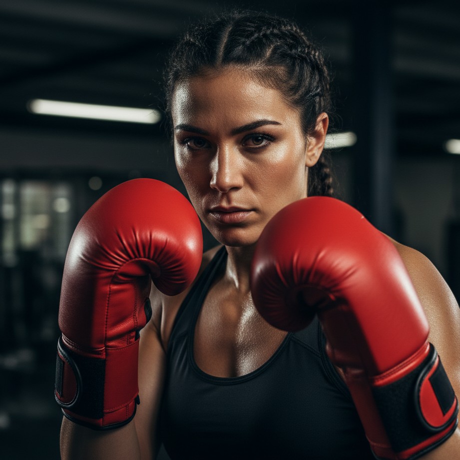 Female boxer portrait with red gloves and focused expression
