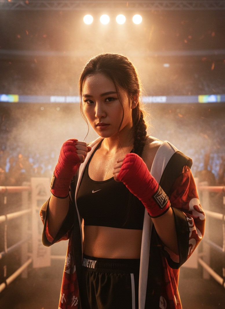 Female boxer walkout look in smoky ring lighting
