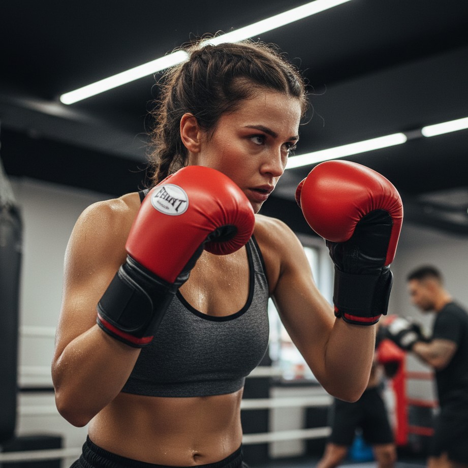 Female boxer sparring guard drill portrait