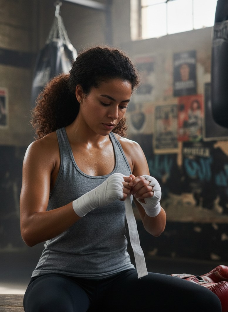 Close-up boxing handwrap preparation portrait before training