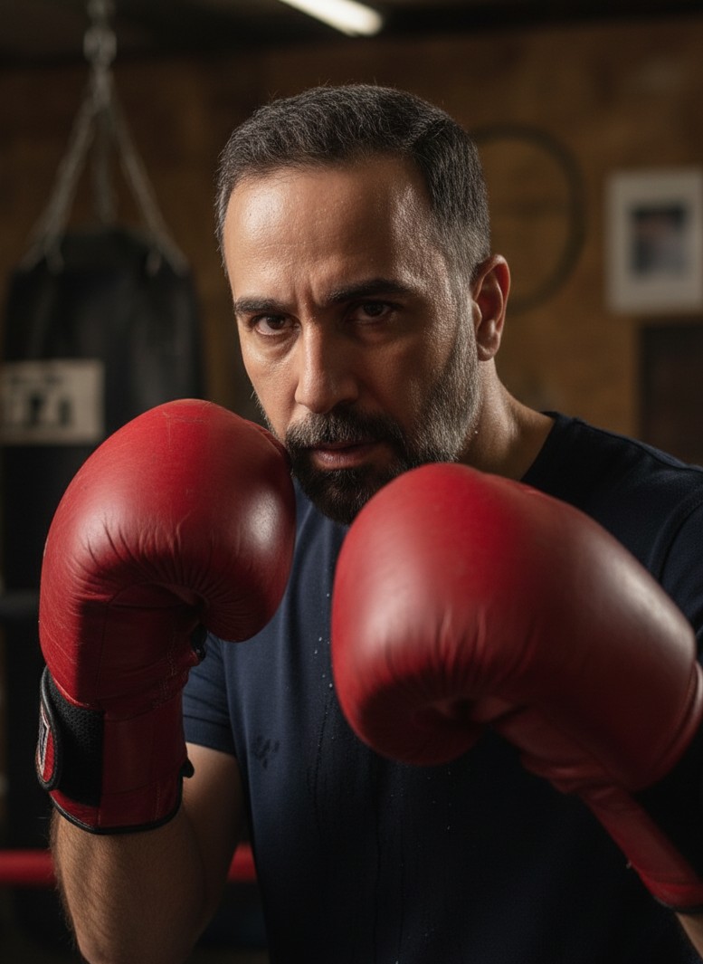 Male boxer closeup portrait with defensive guard and sweat texture
