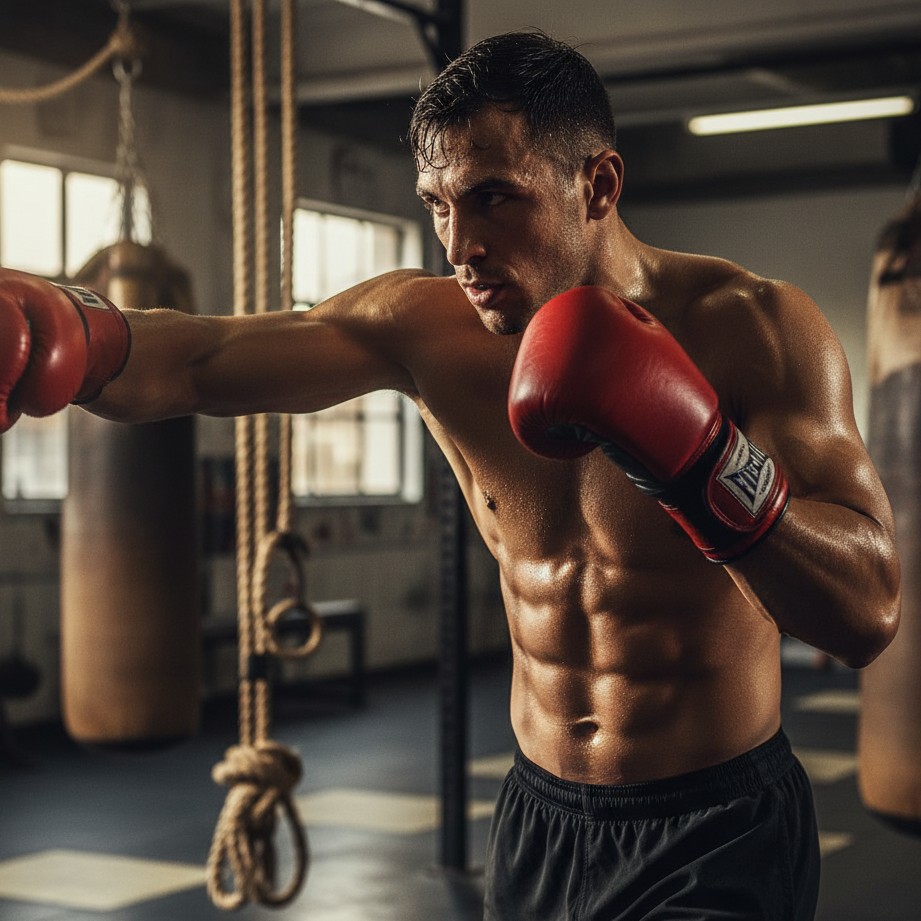 Male boxer jab combo workout portrait in gym scene