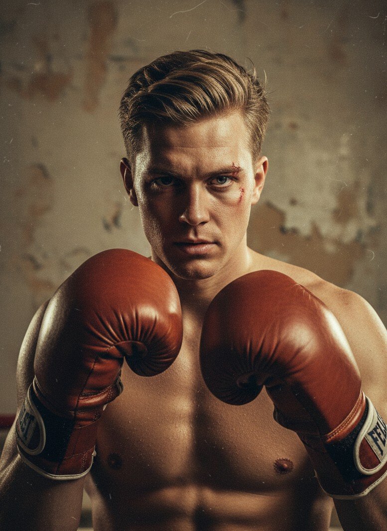 Retro-style male boxer portrait with classic gloves
