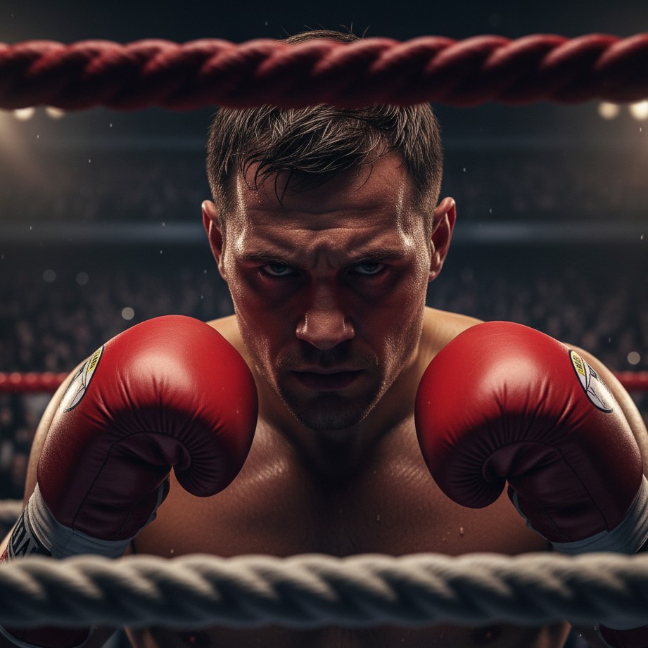 Male boxer portrait near ring ropes with intense mood