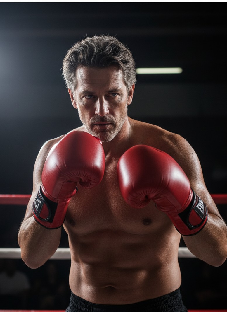Boxing ring spotlight portrait with intense pre-fight stare