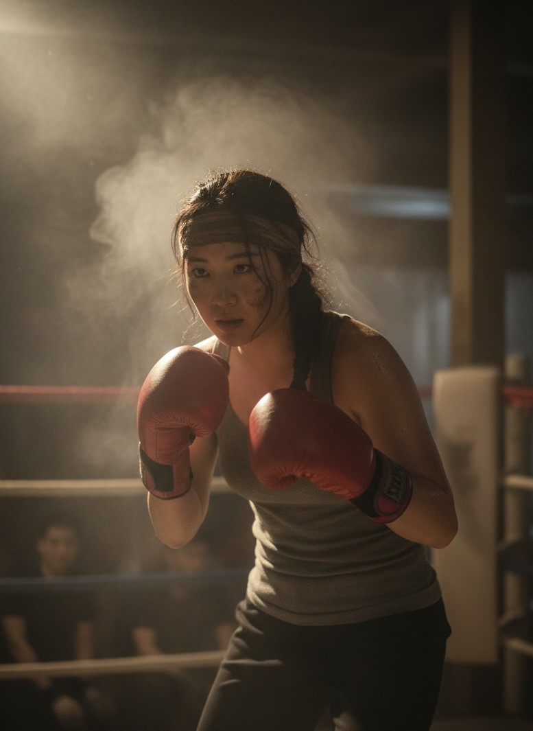 Underground boxing ring portrait with smoky dramatic atmosphere