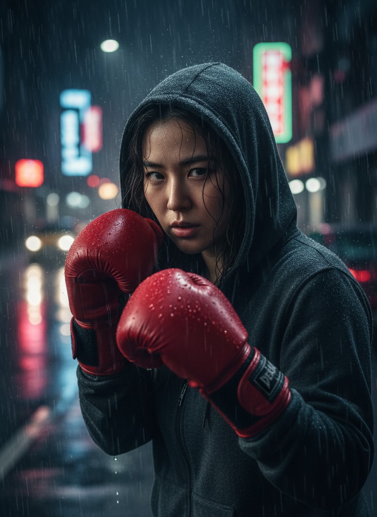 Urban rainy night boxing training portrait