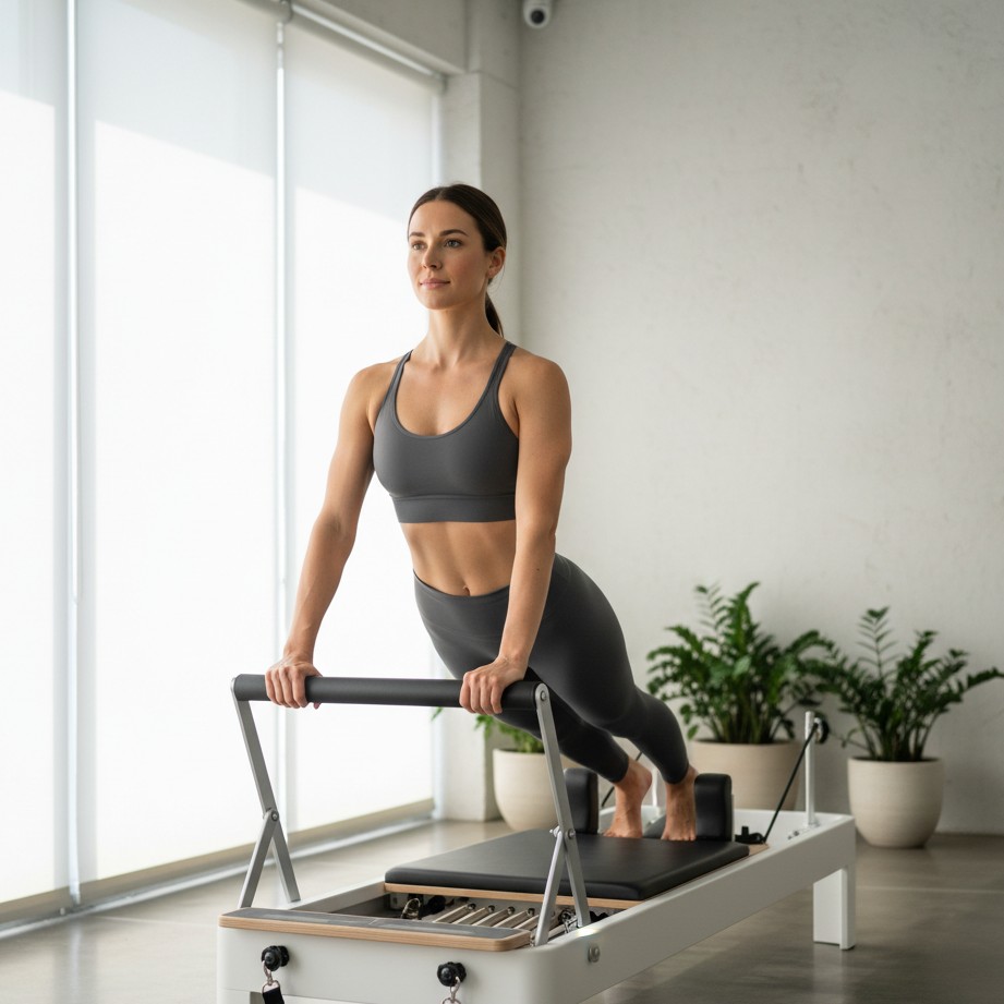 Pilates reformer studio portrait generated by AI fitness photo generator