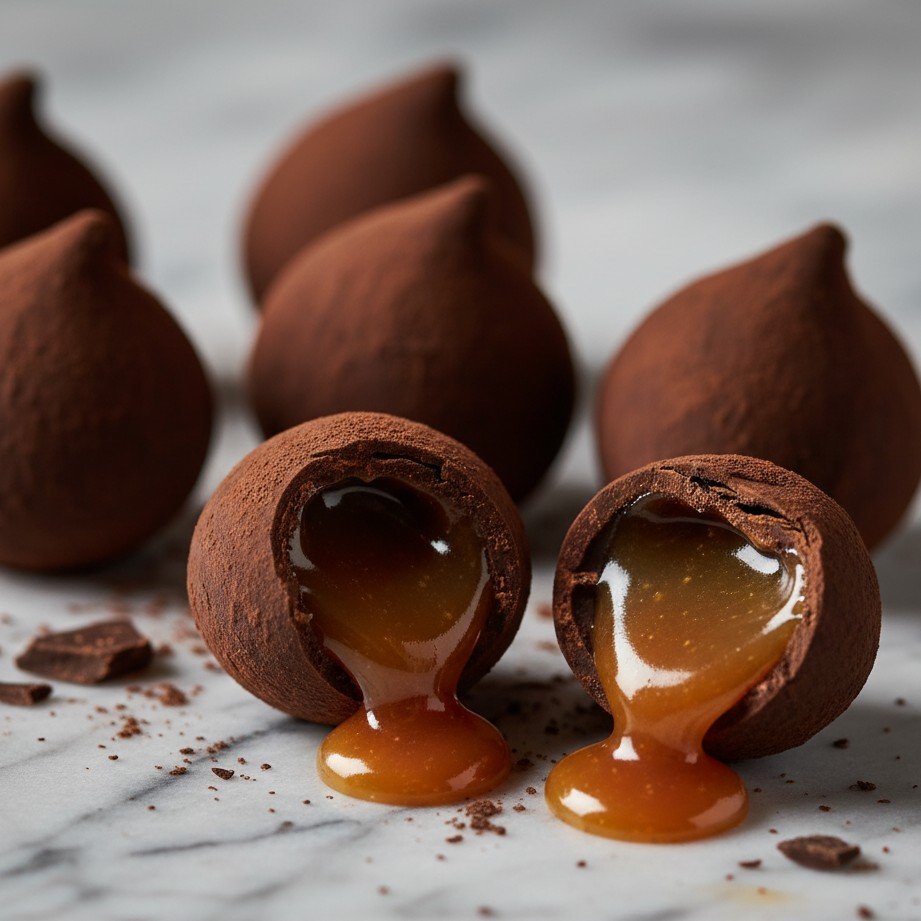 Luxuosas trufas de chocolate artesanais com pó de cacau e apresentação elegante.