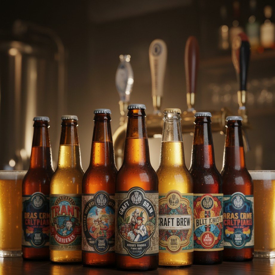 Garrafas de cerveja artesanal com rótulos únicos e fotografia profissional do produto.