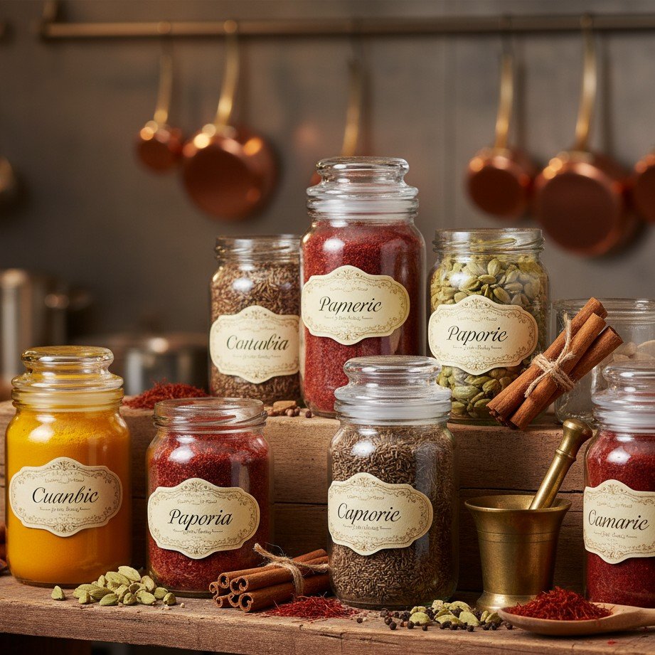 Coleção colorida de especiarias exóticas em frascos de vidro com texturas e aromas ricos.