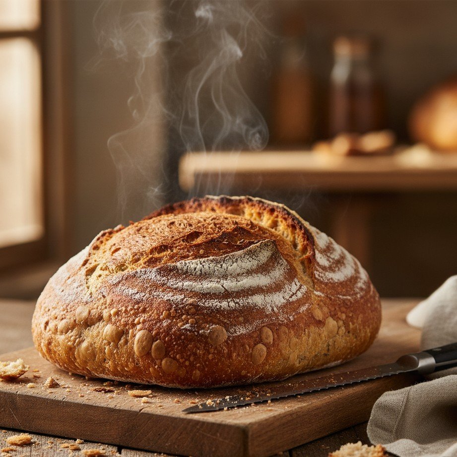 Pão artesanal quente, recém-saído do forno, com crosta dourada e vapor subindo.