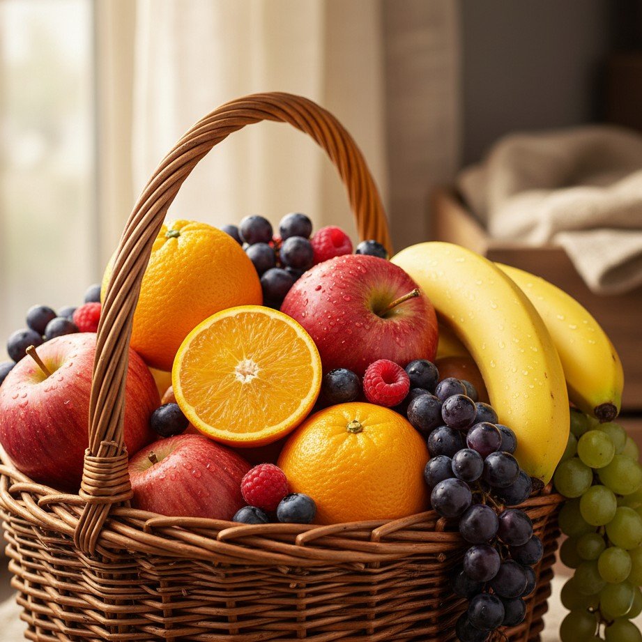 Arranjo colorido de frutas frescas da estação em uma cesta rústica, saudável e vibrante.
