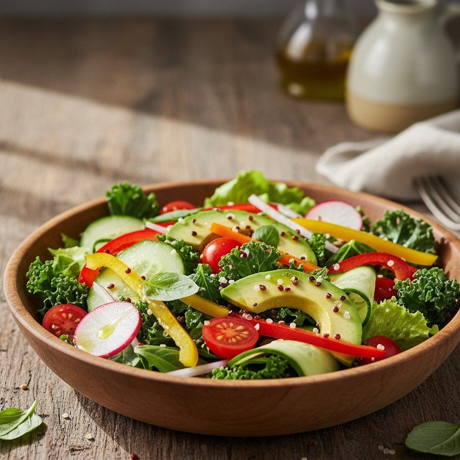 Tigela de salada orgânica vibrante e saudável com vegetais coloridos e ingredientes nutritivos.